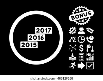 Years Stairs icon with bonus icon set. Vector illustration style is flat iconic symbols, white color, black background.