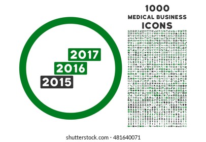 Years Stairs rounded vector bicolor icon with 1000 medical business icons. Set style is flat pictograms, green and gray colors, white background.