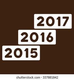 Years Stairs vector icon. Style is flat symbol, white color, rounded angles, brown background.