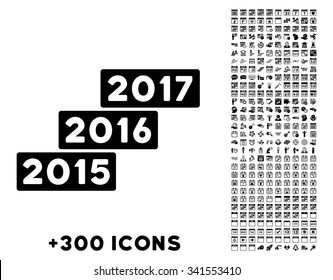 Years Stairs vector pictogram with additional 300 date and time management icons. Style is flat symbols, black color, rounded angles, white background.