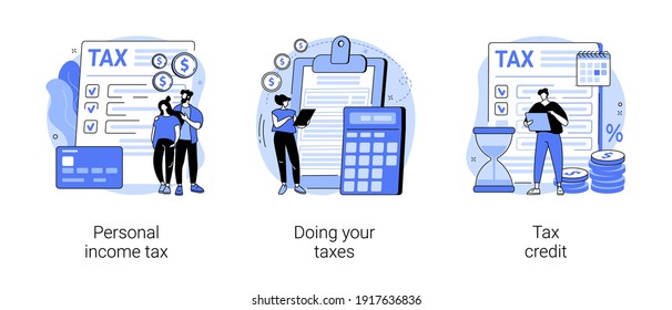 Years Tax Bill Abstract Concept Vector Illustration Set. Personal Income Taxation And Tax Credit, Online IRS Form, Bank Account, Budget Planning Calculator, Bill Payment Abstract Metaphor.