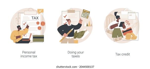 Years tax bill abstract concept vector illustration set. Personal income taxation and tax credit, online IRS form, bank account, budget planning calculator, bill payment abstract metaphor.