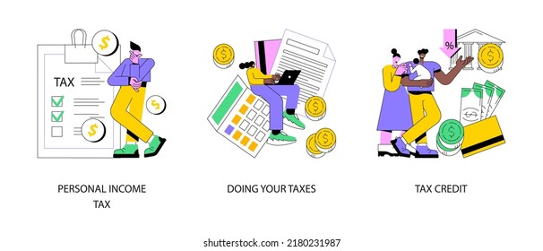 Years Tax Bill Abstract Concept Vector Illustration Set. Personal Income Taxation And Tax Credit, Online IRS Form, Bank Account, Budget Planning Calculator, Bill Payment Abstract Metaphor.