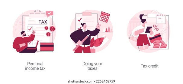 Years tax bill abstract concept vector illustration set. Personal income taxation and tax credit, online IRS form, bank account, budget planning calculator, bill payment abstract metaphor.
