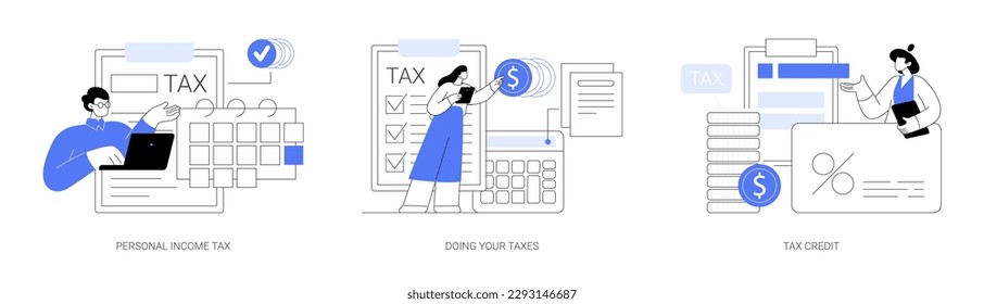 Years tax bill abstract concept vector illustration set. Personal income taxation and tax credit, online IRS form, bank account, budget planning calculator, bill payment abstract metaphor.