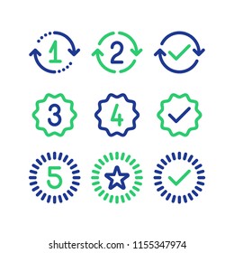 Years of warranty stamp set, one two three four five numbers, guarantee signs, approved symbol, best choice mark, vector line icons