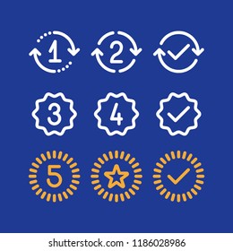 Years of warranty stamp set, one two three four five numbers, guarantee signs, approved symbol, best choice mark, vector line icons