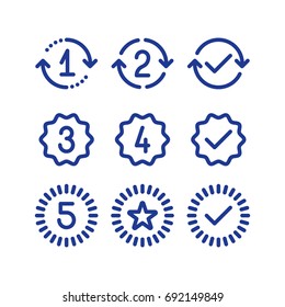 Years of warranty stamp set, one two three four five numbers, guarantee signs, approved symbol, best choice mark, vector line icons