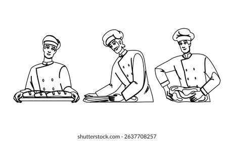 yeast bread baker vector. flour sourdough, knead artisan, loaf rise yeast bread baker character. people black line pencil drawing illustration