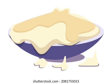 Yeast dough from flour in a bowl. Collage from a series of cooking, cooking, baking, desserts.  Bread product.  Graphics. Vector. Flat style cartoon drawing.