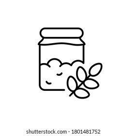 Yeast starter in glass jar with ear of wheat. Line art icon of fresh raw sourdough for bread. Black pictogram of fermentation process with natural ingredient. Contour isolated vector, white background