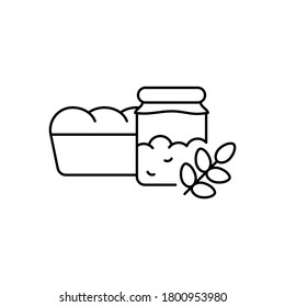 Yeast starter for wheat bread. Linear icon of sourdough in jar, loaf of bread, ear of grain. Black illustration of homemade natural bakery products. Contour isolated vector pictogram, white background