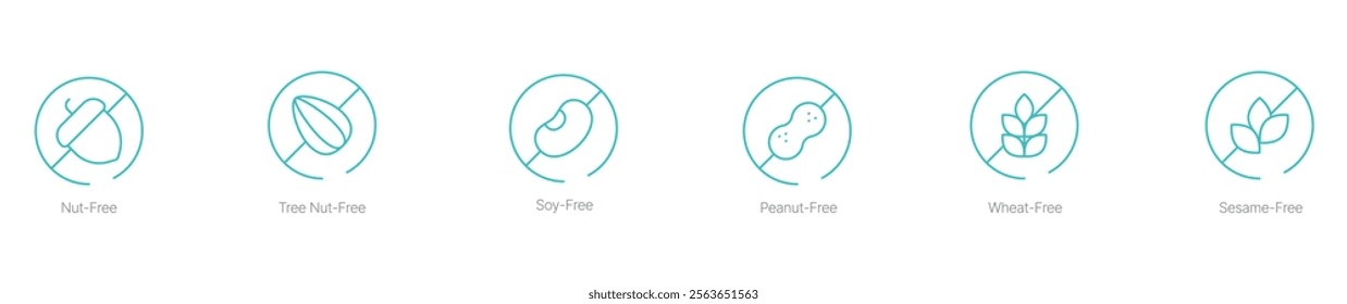 Yeast-Free, Nut-Free, Tree Nut-Free, Soy-Free, Peanut-Free, Wheat-Free, and Sesame-Free Vector Icon Set for Allergy-Safe Food Packaging