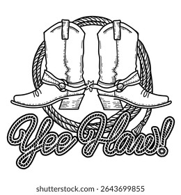 Yee haw text Cowboy boots and lasso Rodeo vector hand drawn illustration isolated on white background for design. Vector printable black graphic Rodeo symbol for print
