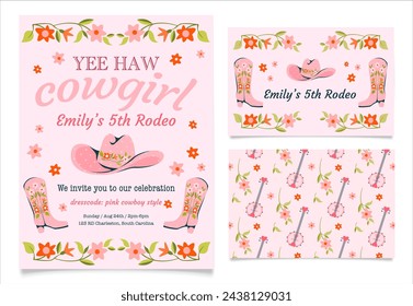 Yeehaw chica cowgirl rodeo fiesta tarjetas de invitación. Cowboy wild western concept en colores rosa para pósters o tarjetas de felicitación. Elementos de diseño dibujados a mano, botas, sombrero de vaquero, flores. Ilustración vectorial.