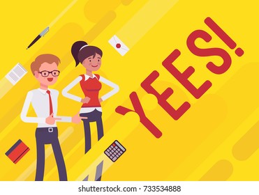 Yees. Business motivation poster. Office model on inspiration and leadership, mentoring and personal development plans. Vector flat style cartoon illustration on yellow background