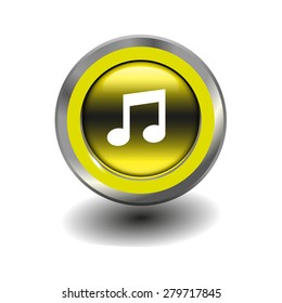 Yeiiow glossy button with metallic elements and white icon music, vector design for website