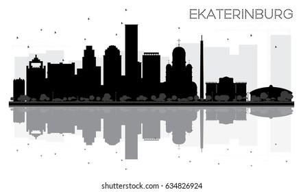 Yekaterinburg City skyline black and white silhouette with reflections. Vector illustration.