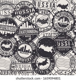 Yekaterinburg, Sverdlovsk Oblast, Russia Stamps Background. A City Stamp Vector Art. Set of Postal Passport Travel. Design Set Pattern.
