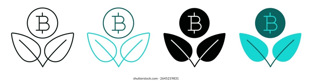Conjunto de ícones de criação de rendimento. Bitcoin moeda com folhas de plantas. Criptomoeda e conceito blockchain. Traçado vetorial editável. Símbolo preto e verde para Web ou IU. Perfeito para aplicativos e plataformas digitais.