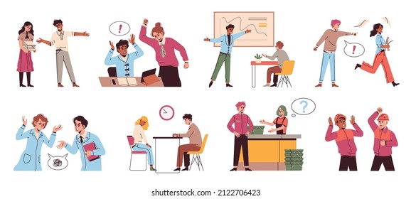 Yell angry chief. Workplace abuse, negative aggressive emotion, scared business employee, rude scold boss, stressed office staff. Bad job concept, vector cartoon flat isolated set