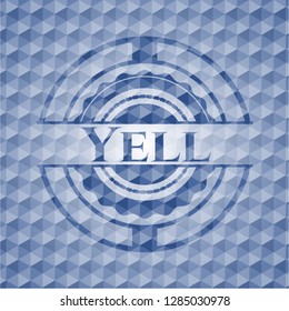 Yell blue badge with geometric pattern background.
