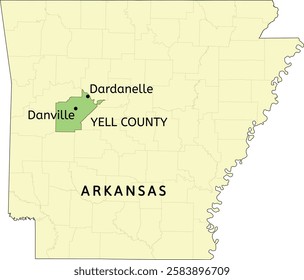 Yell County and cities of Danville and Dardanelle location on Arkansas state map