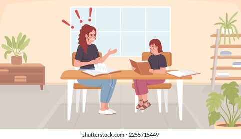 Yelling at child about poor performance flat color vector illustration. Mother nagging daughter over homework. Fully editable 2D simple cartoon characters with living room interior on background