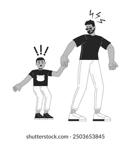 Yelling father with stressed kid black and white 2D line cartoon characters. African american man holding child hand isolated vector outline people. Aggressive parent monochromatic spot illustration