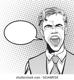 Yelling man. Cry of despair. Screaming. Despair and pain of failure or disease.Angry screaming man. Frustrated businessman shouting. Screaming man. Concept idea of advertisement. Halftone background. 