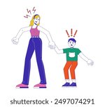 Yelling mother with scared boy 2D cartoon characters. Caucasian woman holding male child hand isolated flat vector people white background. Furious parent, frightened son color spot illustration