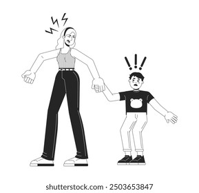 Yelling mother with scared boy black and white 2D line cartoon characters. Caucasian woman holding male child hand isolated vector outline people. Furious parent monochromatic spot illustration