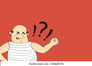 Yelling old angry man with fist and red background with punctuation marks