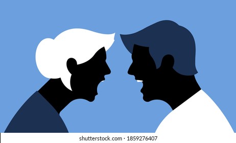 Yelling people. An argument between a man and a woman. The man and woman shout loudly at each other. Close-up two faces opposite each other. Family, relationships, scandal, conflict, breakdown.