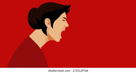 Yelling woman. Face in profile. Woman in stress on the side. Aggression and irritation. Vector flat illustration