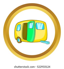 Yelllow camping trailer vector icon in golden circle, cartoon style isolated on white background