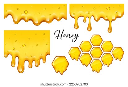 Yelllow honeycombs with flowing honey borders set isolated, design for medicine logo, product packaging, vector illustration.