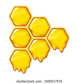 Yelllow honeycombs with flowing honey or essence isolated, design for medicine logo, product packaging, vector illustration