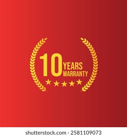Yellow 10 Years Warranty badge with red background 