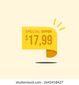 Yellow $17.99 tag style banner. Advertising campaign, sales, offer label. Vector illustration.