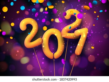 Yellow 2021 balloons with threads. Violet background with round multicolored confetti. Vector holiday illustration.