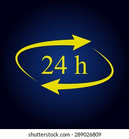 Yellow 24 hours - vector icon, flat design on a blue background