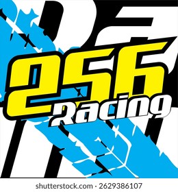 Yellow 256 number vector and cool white RACING text, 3D sticker design, splash animation background.