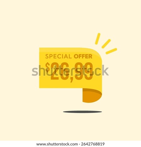 Yellow $26.99 tag style banner. Advertising campaign, sales, offer label. Vector illustration.