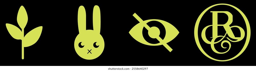 yellow 3 leaves with stem, yellow rabbit with standing ears and cross at mouth. yellow eye with line on it. R logo for branding. abstract awareness buttons concept design interface