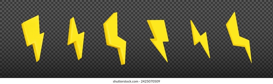 Yellow 3d and 2d lightning icon set. Symbol of electricity and danger with energy shock and fast powerful vector action