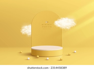 Fondo 3D amarillo realista podio peatonal de cilindro blanco con escena de fondo de nube y arco. Muro mínimo de simulación de la pantalla de productos cosméticos. Resumen de plataformas geométricas vectoriales 3D. Muestra de escenario.