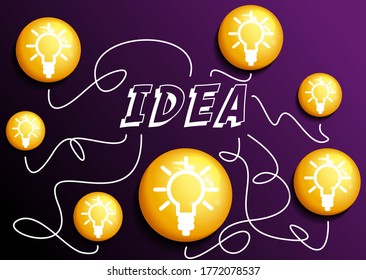 Yellow 3D balloons on a dark background. Vector with large, three-dimensional 
bubbles and light bulbs. Illustration with the concept of the idea.