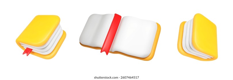 Yellow 3D Book Icon School Vector Set Featuring Closed, Open, and Stacked Variations with Red Bookmark. Modern Digital Study Illustration for Education, Reading App, and E-Learning Design