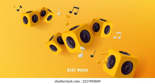 Yellow 3d boom box column  render style cubes and sound amplifyer   notes  monochrome